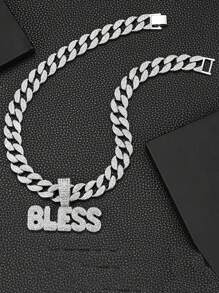 1pc Punk Rock Cuban Link Necklace For Men & Women - Shiny BLESS Pendant With Rhinestone Accents, Golden-Tone Chain, Unisex Hip Hop Jewelry Gift For Birthday, Mother's Day, Father's Day