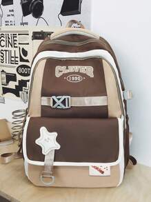 1 Pc American Retro Style Student Backpack.Large Capcity School Bag With Smiling Star Applique.Dual-Compartment Design With 'Cookies' Patch And Adjustable Padded Straps.Lightweight School Backpack.Lively Student Bag.Women's Backpack.Soft Fabric School Rucksack With Side Toggle Pockets.Back To School Supplies.Perfect For School,Back To School, Picnics Or Family Outings,Weekender.Summer Necessities.