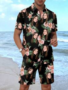 Conjunto de 2 peças de camisa e shorts havaianos personalizados para homens, retrato personalizado, para namorado, amigos, aniversário infantil, aniversário, enfeite de feriado, estilo dawg, moda, hipster, contratado, fantasia fácil, moda modesta, chique minimalista, personalizado casual, único, presentes ideais personalizados para ele, família, namorado, amigos, crianças