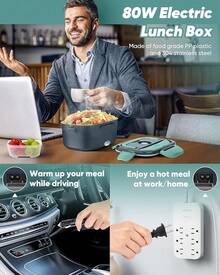 Lonchera Eléctrica - Fiambrera eléctrica de 60 a 80 W para adultos, calentador de alimentos portátil para coche, camión, trabajo, con tenedor y cuchara de acero inoxidable (Gray) - Gris - Ver 9