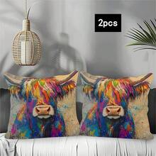 2pcs Vibrant Highland Cow Print Cushion Cover, Modern Art - Colorful Splash Ink Design, Soft & Cozy Polyester Pillow Case, Zipper Closure Washable, 45x45cm - Artsy Home Decor Suitable For Any Room, Perfect For Contemporary Living Space, Decorative Art | Does Not Include Pillow Insert - Multicolor - View 5