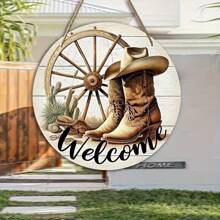 [1pc Rustic Cowboy Sign] Rustic 1pc Cowboy Welcome Sign | Round Wooden Wall Decor With Cowboy Boots, Cactus & Lasso Design, Ideal For Porch & Home, Charming Country Style Gift, Cowboy Hat