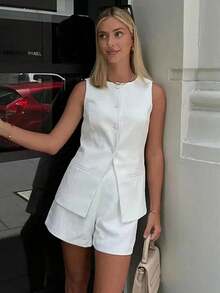 2 件套女士纯色单排扣圆领背心和短裤休闲宽松套装