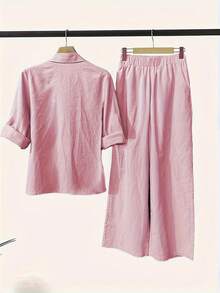 2 piezas Conjunto de Mujer: Camisa de Manga Larga con Cuello y Pantalones Casuales de Cintura Elástica Rosa Elegante de Verano - Rosa - Ver 3
