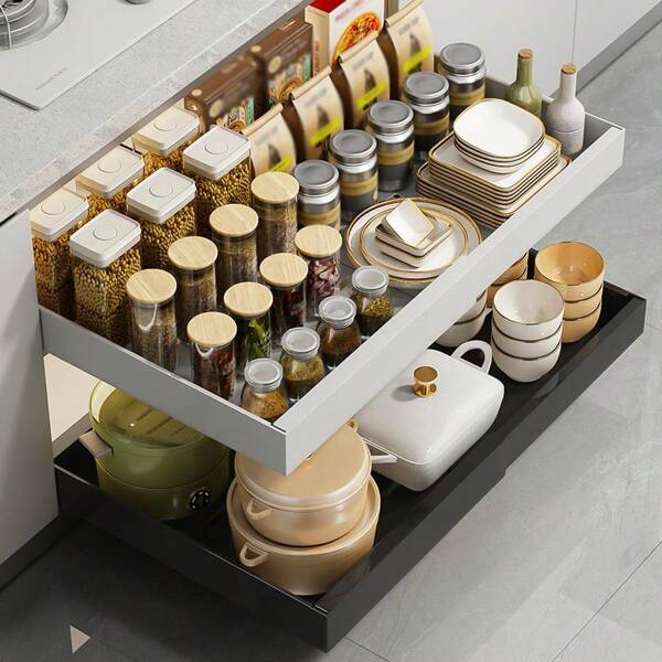 Teleskopschublade, Ausziehbare Schublade KüChe, 32-52 X 42 X 7.5 CM erweiterbarer ausrollbarer Schrank-Organizer,Regal unter der Spüle für die Küche, kein Bohren und Nageln nötig