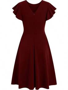 Women's Semi-Formal Ruffle Sleeve V-Back Work Fit And Flare Cocktail Knee Length Dress With Pockets, 2025 Style - 勃根地 - 查看 4