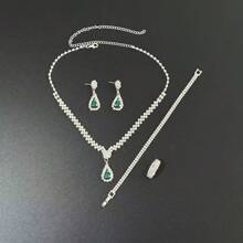 Conjunto de 3 peças de colar de cristal de metal prateado feminino, brincos, conjunto de joias de pulseira, acessório de casamento para noiva