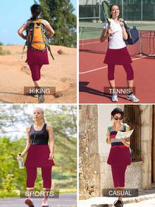 Plus Size Capris For Women With Pockets Burgundy Legging  With Skirt Buttery Soft For Yoga  Tennis Running   Spring Summer Clothes - Rượu vang đỏ - Xem 5