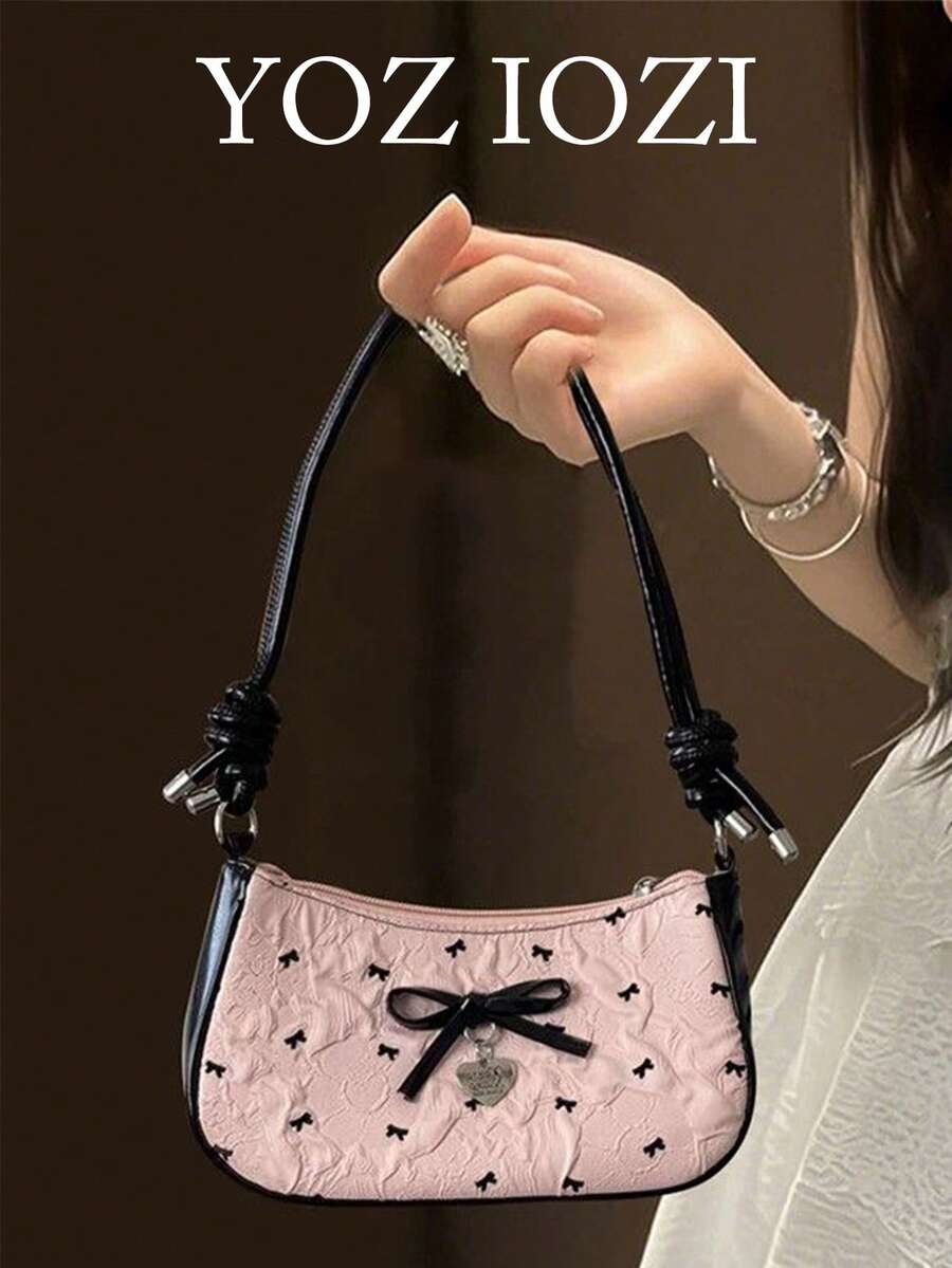Niche Design Bow Print Fashionable & Versatile One Shoulder Baguette Bag, Cute Girl Style Crossbody Bag For Commuting, Cute Bow Bag For Women - Pink - View 1