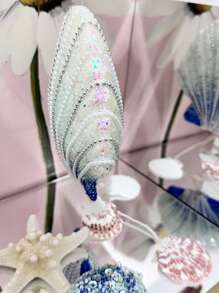 1pc Handmade Natural Seashell & Starfish Wall Hanging Decor – Coastal Summer Home Decor With Pearls & Glitter, Boho Beach Theme Wall Art For Living Room, Bedroom, Nursery Decor Seashell Wall Decor With Pearls – Coastal Summer Home Hanging Art For Beach Theme Rooms, Pink Girls Bedroom Decor