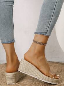 Sandalias de plataforma con cuña de cuerda y punta abierta de paja para mujer, suelas gruesas y elevadas para uso en exteriores en verano - transparente - Ver 6