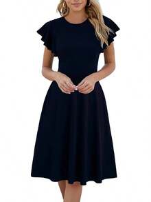 Women's Semi-Formal Ruffle Sleeve V-Back Work Fit And Flare Cocktail Knee Length Dress With Pockets, 2025 Style - 藏蓝色 - 查看 1
