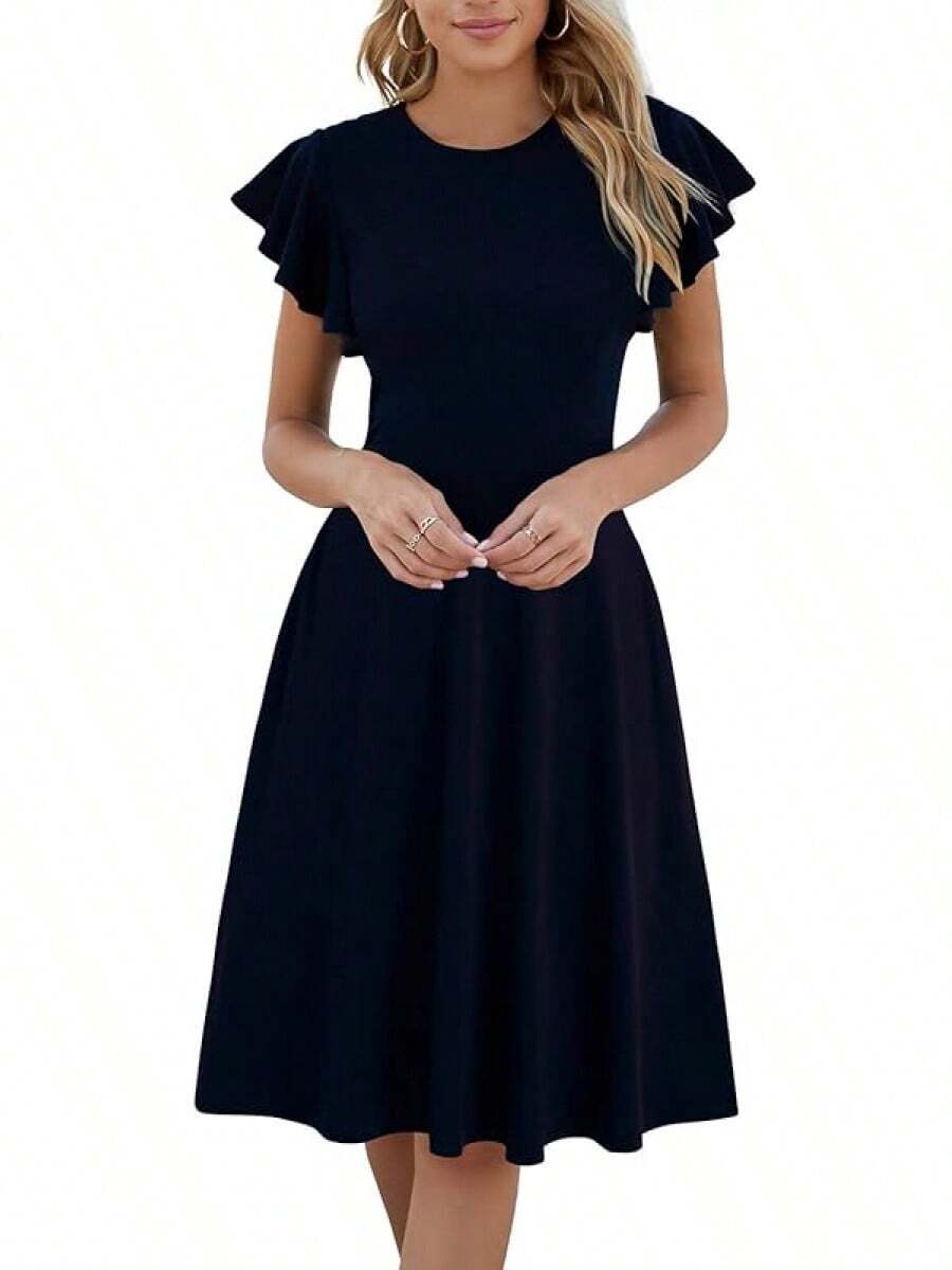 Women's Semi-Formal Ruffle Sleeve V-Back Work Fit And Flare Cocktail Knee Length Dress With Pockets, 2025 Style - 藏蓝色 - 查看 1