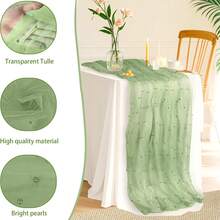 优雅的鼠尾草绿色涤纶串珠薄纱面料 | 婚纱、礼服、服装、背景、桌面装饰、窗帘和派对装饰、婚礼面料、服装设计、装饰悬垂、精致纹理、家居装饰、透明悬垂、柔软悬垂、活动策划师 - 彩色 - 查看 7