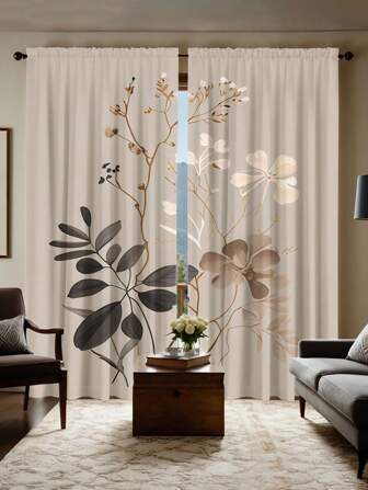 2pcs Plant Pattern Printed Curtains, Suitable For Home And Office Decoration - Multi-Functional, Light Filtering, Rod Pocket Design, Hand/Machine Washable, Stylish For Bedroom Or Living Room