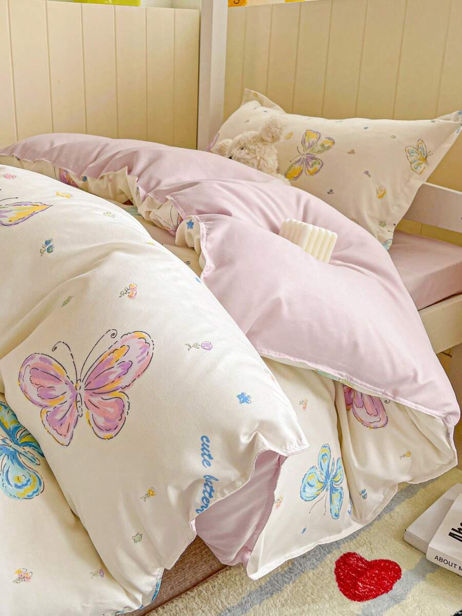 4件套儿童床上用品套装，适用于双层床、婴儿房、幼儿园、儿童房，包括1个被套、1个床笠、2个枕套，双面印花设计 - 蝶舞仙子 - 查看 1