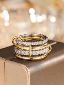 2025 Neuer Edelstahl-Interlocked Full Zirkonia Triple Circle Ring, Mehrfarbig, Mehrfachelemente Design, Catwalk Stil, geeignet für Party, Freizeitkleidung
