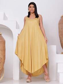 Plain  Trapeze Dress - 芥末黃 - 查看 5