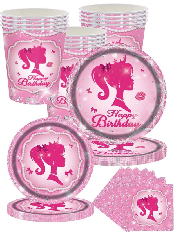 Princess Pink Disposable Tableware Set - 10Pcs 9/7" Plates, 9oz Cups, Napkins & Tablecloth For Girl's Birthday Party Decor