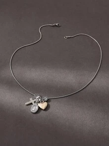 1 件经典时尚水钻镶嵌圣母玛利亚耶稣十字架和心形串珠项链，不锈钢休闲、派对、弥撒、聚会服装，适合女士 - 銀色 - 查看 5