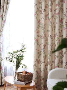 1pc Magpie Flower Printed Blackout Curtain, Chinese Countryside Style 100% Polyester, Suitable For Living Room, Bedroom