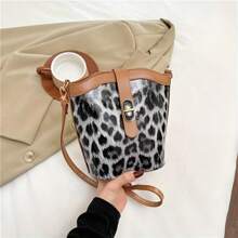 Simple Retro Leopard Print Bucket Bag For Women, New Casual Fashion One Shoulder Crossbody Bag, Textured Leisure Crossbody