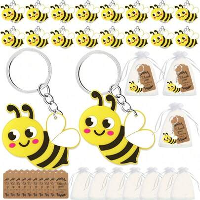 Set de 30 llaveros con abeja encantadora, incluye bolsa de regalo, tarjeta de agradecimiento y etiqueta, ideal como suministros para fiesta de cumpleaños con tema de abeja.