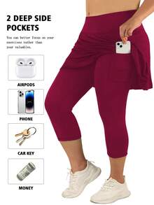 Plus Size Capris For Women With Pockets Burgundy Legging  With Skirt Buttery Soft For Yoga  Tennis Running   Spring Summer Clothes - Rượu vang đỏ - Xem 2