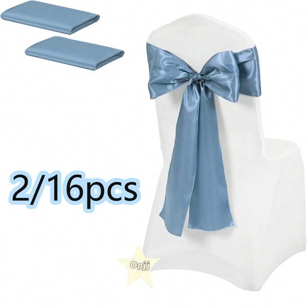 2 piezas/16 piezas Corbatas de satén para sillas, azul humo, fundas de silla reutilizables con corbatas, adecuadas para bodas, recepciones, eventos, banquetes, decoración del hogar y la cocina (7" X 108")