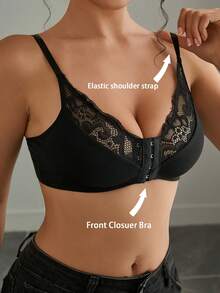 1pc Mature & Charming - Wireless/Wireless & Padless Seamless Comfort Front Hook Racerback Lace Insert Bra For Women - Black - View 5