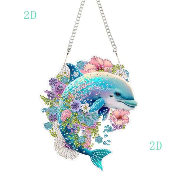 1pc DIY 2D Plane Dolphin Shaped Crystal Diamond Painting Mosaic Art Craft Supplies, Home Decor Hanging Chain, Handmade Project To Unleash Your Potential And Add Decorative Fun, Suitable For Home Window, Garden, And Door Plaque Decoration, Single-Sided