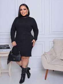 Women's Plus Size Dress Long Sleeve High Neck Elegant Premium Ribbed Fabric - Black - View 4