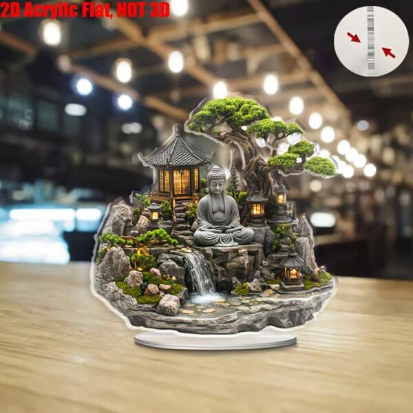 2D Flat, 2D Flat Printed Room Decor 1pc 2D Acrylic Zen Garden Buddha Statue With Waterfall - Beautiful And Harmonious Landscape Painting, Elegant Home And Office Decor, Perfect Gift For Holidays, 2D Flat