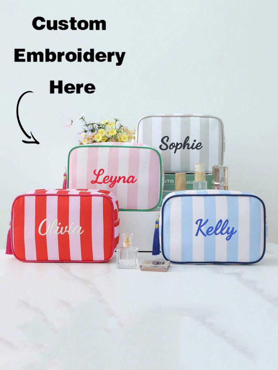 Customized Embroidered Striped Tassel Cosmetic Bag, Personalized Embroidered Name Organizer Pouch, Zipper Makeup Bag, Travel Toiletry Bag, Travel Essentials, Multi-Functional, Decorative, Lettering, Fashion, Modern, Colorful, Cute, Casual, Customized, Personalized, Unique, Custom-Made, Ideal Gift For Him, Ideal Gift For Her, Customized Children's Bags And Luggage ,Travel Organizer - Multicolor - View 1