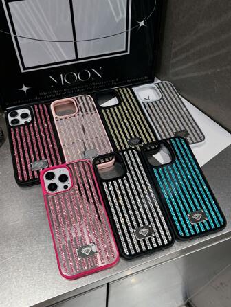 1pc Multi-Color Full Rhinestone & Mirror Design 2-In-1 Black Phone Case Compatible With Iphone 16 Waterproof Shockproof Anti-Fall Scratch Resistant