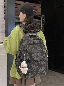 可爱小熊印花休闲背包，大容量，学生风，清新气息，带挂坠，适合学生