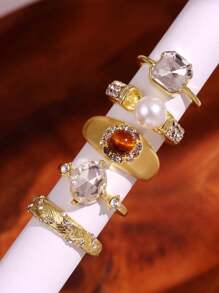 Conjunto de 4 anéis elegantes com pérolas e strass, conjunto de joias de luxo versáteis para mulheres, uso diário, viagens, feriados