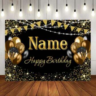 Globo de brillo negro y dorado personalizable con nombre Feliz cumpleaños Fondo de pantalla Diseño de banner de lentejuelas doradas Adecuado para fiesta de cumpleaños, fotografía de pastel, decoración de otoño, ambiente cálido