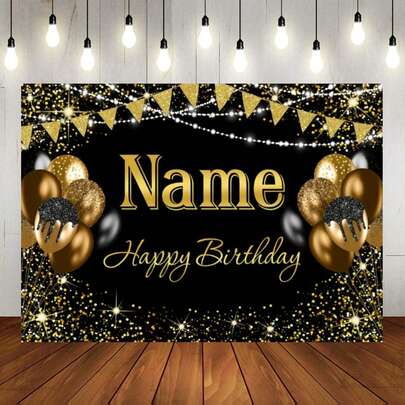 Black & Gold Glitter Balloons, Customizable Name, Happy Birthday Backdrop, Gold Glitter Confetti, Gold Banner Design, Suitable For Birthday Party, Cake Smash, Portrait Photography Props, Vinyl Material, Printed Pattern, Creates Warm Atmosphere, Autumn Decor ,Travel Organizer