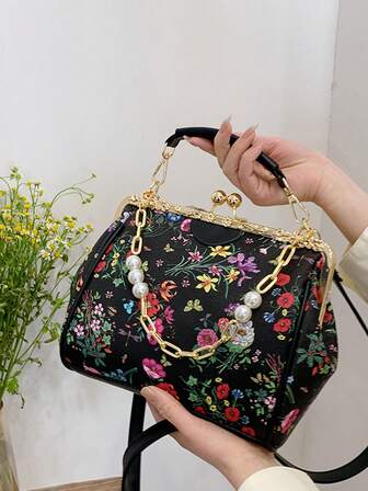 2025 Summer New Floral Print Women's Handbag, Fashion Ins Pearl Chain Strap Shoulder Crossbody Bag, Suitable For Shopping, Wallet, Young Women, University Students, Newgraduates, Office Ladies. Great For Office, University, Work, Business, Commuting, Outdoor Activities, Travel & Weekend Trips