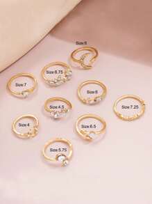 9 Peças/Conjunto Anéis Minimalistas com Coração, Estrela, Lua, Flor e Pedras de Strass, Adequados para Datas, Férias, Combinações Diárias, Presentes para Mulheres