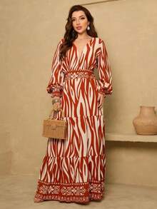 All-Over Print Ruffle Hem Button With Belt - Palony pomarańczowy - Zobacz 1