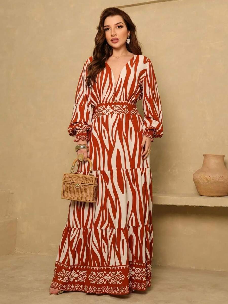 All-Over Print Ruffle Hem Button With Belt - Palony pomarańczowy - Zobacz 1