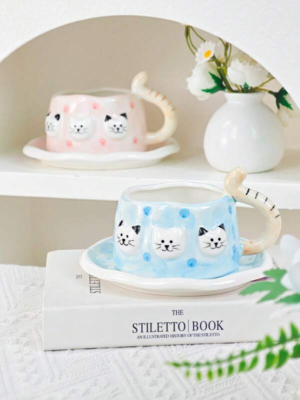 1 Set Taza de café y platillo de cerámica con diseño de gato en relieve 3D pintado y moldeado a mano, con asa en forma de cola de gato