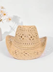 1 Peça Chapéu do Panamá Boêmio de Cor Sólida com Contas e Recortes, Chapéu de Sol Decorativo Casual com Proteção UV, Moda Combinável para Atividades ao Ar Livre, Todas as Estações