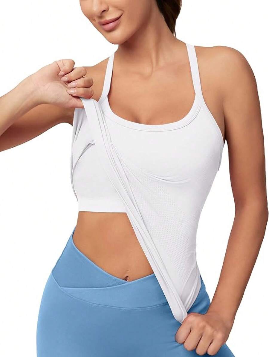 Workout Tops Women With Built In Bra, Sleeveless Gym Tops Seamless Racerback Athletic Yoga Shirts, Activewear - 白色 - 查看 1