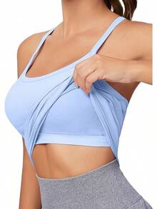 Workout Tops Women With Built In Bra, Sleeveless Gym Tops Seamless Racerback Athletic Yoga Shirts, Activewear - 淺藍色 - 查看 10