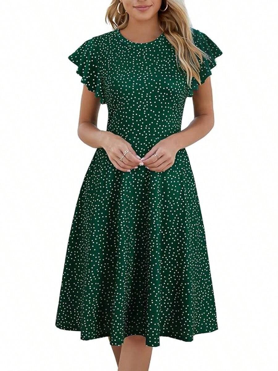 Women's Semi-Formal Ruffle Sleeve V-Back Work Fit And Flare Cocktail Knee Length Dress With Pockets, 2025 Style - 綠點 - 查看 1