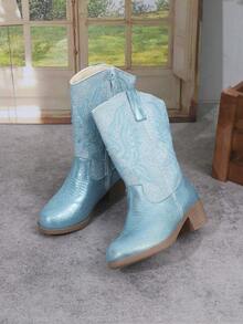 1pc Girls' Western Embroidered Fashion Mid-Calf Boots, Pointed Toe Chunky Heel Side Zipper Lightweight Gold Knight Boots, Suitable For Toddler/Little Kid, Party, School, Vacation, Walking, Costume, Easter/Christmas - Blue - View 5