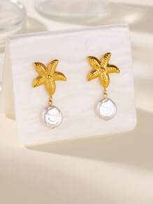 1 par de pendientes colgantes de acero inoxidable con forma de estrella de mar y concha para mujeres, con colgante de perla falsa, joyería de estética de verano para mujer